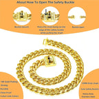 Heavy Duty Cuban Link Chain Dog Collars 15MM Gold/Silver Stainless Steel Metal Walking Training Collars with Cute Secure Design Buckle, Chew Proof, for Large Medium Small Dogs (Gold, 12'')