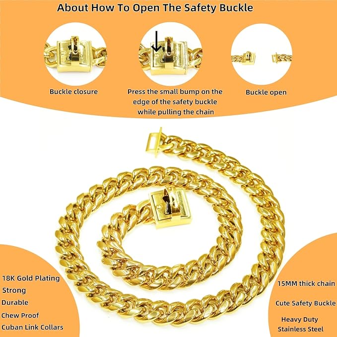 Heavy Duty Cuban Link Chain Dog Collars 15MM Gold/Silver Stainless Steel Metal Walking Training Collars with Cute Secure Design Buckle, Chew Proof, for Large Medium Small Dogs (Gold, 18'')