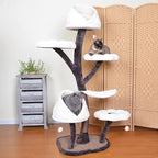 Flower Cat Tree, 65 Inch Tall Cat Tower, 6 Tier Detachable Cats Scratching Posts, Modern Flower Shaped Platforms for Homes Pet Shops (Brown and White)