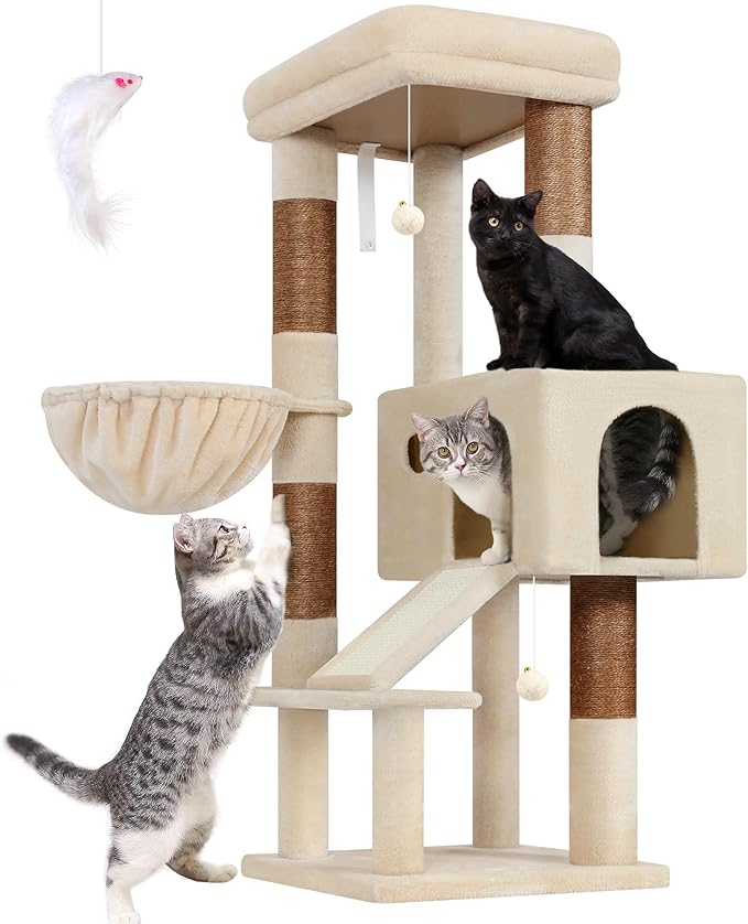 Globlazer Extra Thick Scratching Posts Tower Sturdy 50-inch Corner Cat Tree Tower for Indoor Cats, Cat Tower for Adult Cats with Scratching Board, Kitty Condo, Basket, S50, Beige