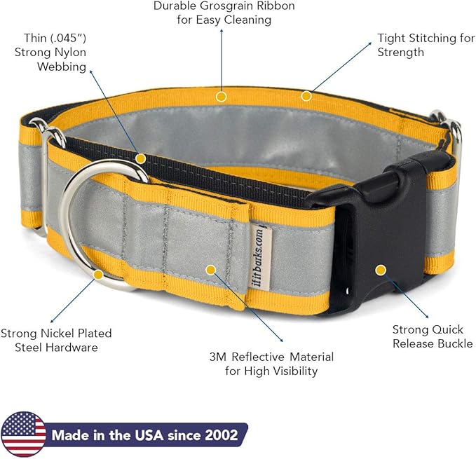 If It Barks - 1.5" Reflective Martingale Collar with Quick Snap Buckle for Dogs - Adjustable - Made in USA - Strong, Durable, and Comfy - Ideal for Training - Fits Most Breeds - Medium, Yellow Gold