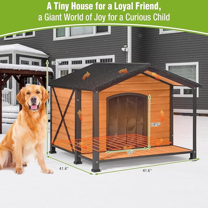 GUTINNEEN Dog House for Outdoor Use, Large Heated Dog Shelter with Durable Metal Frame for Weatherproof Dog Kennel for Winter with Insulated Liner and Heating Pad for Large Dogs(Brown