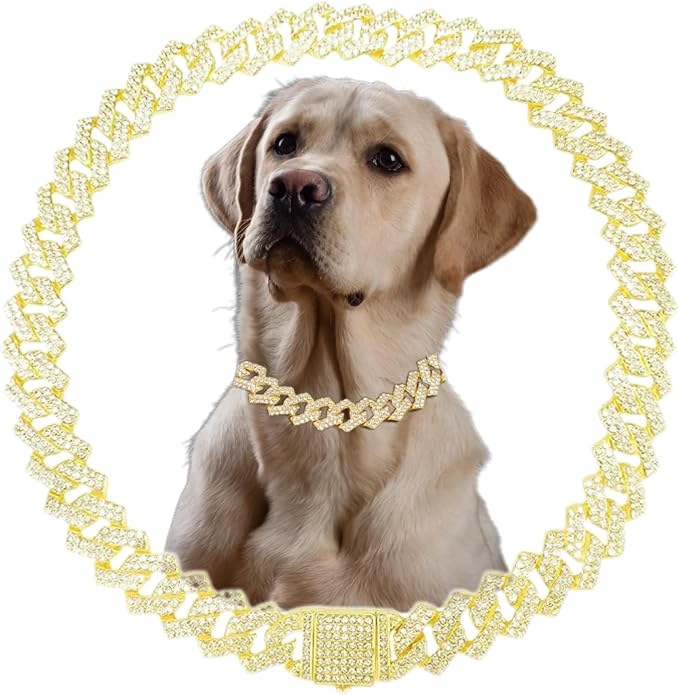 Glod Dog Chain,Metal Diamond Dog Chain Dog Training Chain with Secure Buckle Pet Collars for Large Medium Dogs(Glod 26inch)