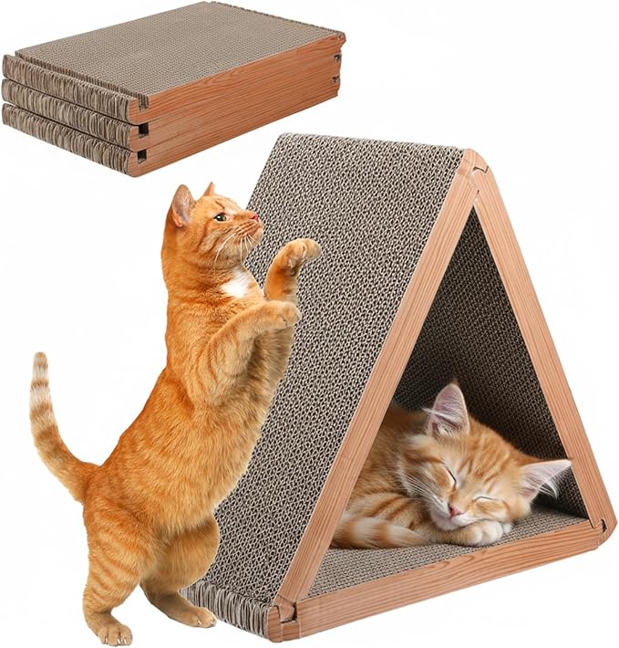 3-Sided Vertical Cat Scratching Post, Cat Scratcher Foldable, Triangle Cats Scratching Board, Multiple Angle Scratch Pad, 6 Usable Sides Recyclable Scratcher Cardboard for Indoor Cats (Pack of 3)