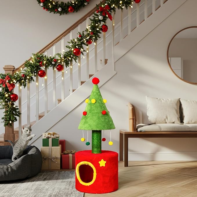 Christmas Decorations, Christmas Cat Tree with Hideaway, Small Cat Tower with Sisal Scratching Post and Hanging Toys, Red & Green Holiday Decor for Indoor Cats (30.7 in Christmas)