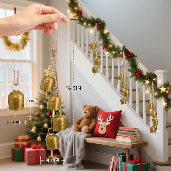 2 Pack Gold Metal Vintage Bells with Jute Hanging Rope, Decorative Cow Bell for Weddings, Parties, and Christmas Wreaths, Each 1.7W x 2.8H