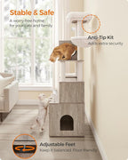 Feandrea Cat Tree with Litter Box Enclosure, 70.1-Inch Tall Cat Tower, 2-in-1 Modern Condo with Scratching Posts, Perch, Caves, Basket, Washable Cushion, Heather Greige UPCT116G01