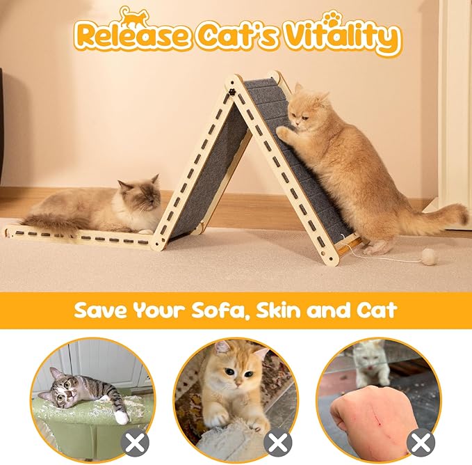 Cat Scratcher with Ball Toy Foldable Cat Scratch Pad Felt Triangle Scratchers for Indoor Cats Large Cat Scratching Board Mat Cats Scratch Furniture Protector Kitten Toys Grey