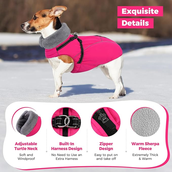 Queenmore Dog Jackets for Large Dogs,Dog Coat with Harness Built in,Waterproof Dogs Coats with Zipper On Back,Warm Fleece Lining Cold Weather Pet Coats with Furry Collar for Labrador,Rosered,XL