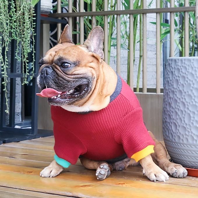 iChoue Pet Dog Crewneck Sweater Color Block Pullover Winter Warm Clothes for English Bulldog Bully Pitbull - Red and Black/XXLarge