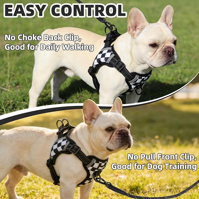 PUPTECK No Pull Dog Harness Small Sized Dog, Adjustable Reflective Escape Proof Easy Control, Comfortable Soft Padded Step in Pet Vest Harness, Black&White Checkered, S