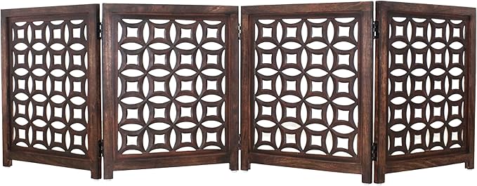 Wooden Foldable Pet Dog Safety Gate -4 Panels 20"Wx24"H- Hand Carved Solid Wood And MDF - Free Standing Portable Indoor Doorway Hall Stairs Dog Puppy Fence - Fully Assembled - Antique Brown -IRONGATE