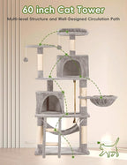 Cat Tree 60.63 inches Cat Tower for Indoor Cats, Multi-Level Cat Condo Furniture with Scratching Posts, Plush Perches, Activity Center with Cozy Basket & Hammock for Cats (Light Gray)