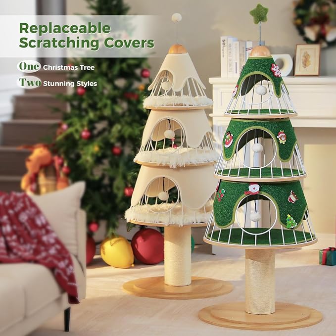Modern Cat Tree-51.2" Cat Christmas Tree w/Thick Scratch Post(φ5.4in), Wood Cat Tower w/ 3 Condos-Heavy Duty Furniture w/Metal Frame & Replaceable Mat for Indoor Kittens, White