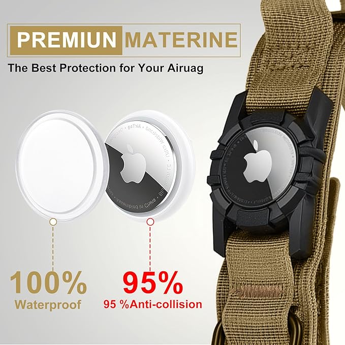 Tactical AirTag Dog Collar Leash Set - Heavy Duty, Adjustable GPS Collar Compatible with Apple AirTag, with Holder & Control Handle for Medium/Large Dogs [ Brown, M ]