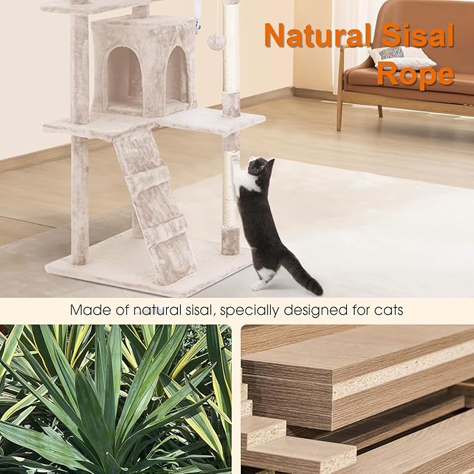 Cat Tree 69.3 inches Cat Tower for Indoor Cats Cat House with Replaceable and Removable Dangling Ball Cat Trees and Towers with Funny Toys, Beige