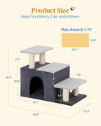 3-in-1 Pet Stairs for Cats, Dog Steps for Doggie Rabbits,7.8'' Depth Cat Stairs,Indoor Cat Steps for High Bed for Pet's Joints, Soft Plush, 1 Big Cat Condo Cave, Sisal Scratcher, Grey, Large