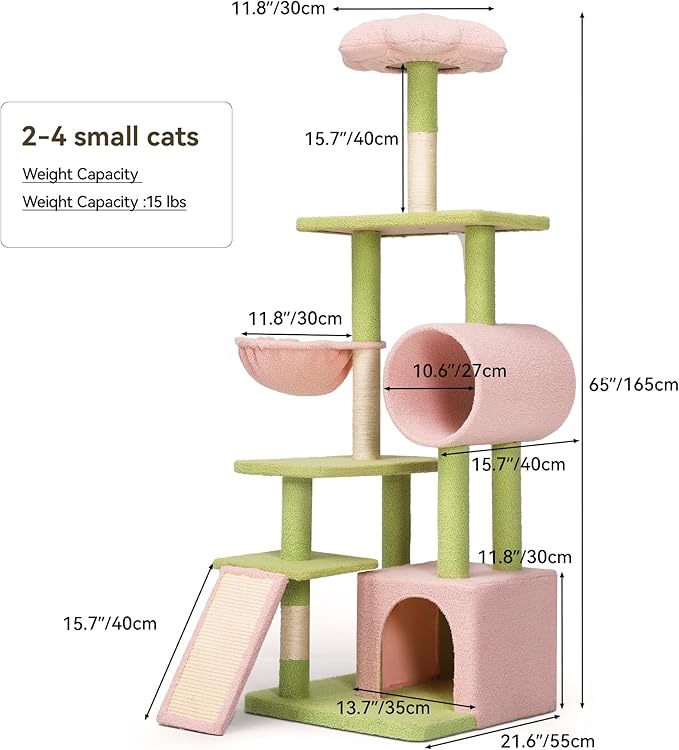 YITAHOME Tall Flower Cat Tree Tower with Detachable Perch, 65in Cute Cat Climbing Tower for Indoor Cats with Cat Condo, Basket, Tunnel, Sisal Scratching Posts and Board, Pink and Green
