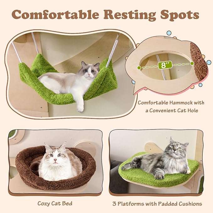 PETSITE 71 Inch Cat Wall Shelves, Tree-Like Wall Mounted Cat Tree Climber Furniture with Sisal Scratching Post and Mats, Perches, Hammock, Bed, Removable & Washable Padded Cushions