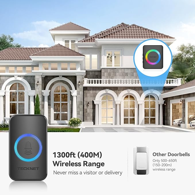 TECKNET Wireless Doorbell with 2 Plug-in Receivers, IP65 Waterproof Doorbells for Home, 1300ft Operating Range, 60 Melodies & 5 Volume Levels of 0-120 dB, RGB Light for Hearing Impaired