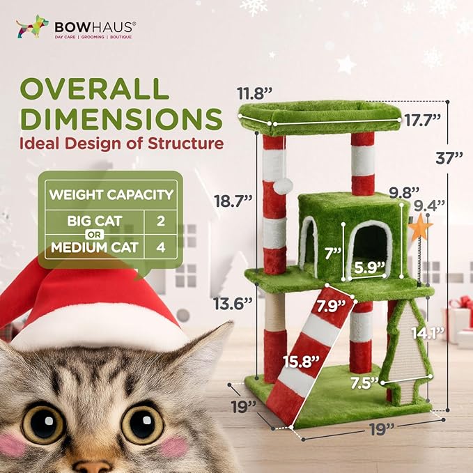 Christmas Cat Tree, Multi-Level Holiday Activity Cat Tree Tower with Scratching Post, Cozy Hammock, Fluffy Play Ball & Cave Condo, Indoor Christmas Decoration for Kitties, Gifts for Cat Owners