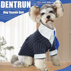 DENTRUN Navy Blue Dog Tuxedo - Formal Pinstripe Pet Suit Shirt with Satin Tie, Elegant Wedding Outfit Birthday Party Attire for Maltese Dachshund Corgi Beagle Medium Large Dogs (Polyester), L
