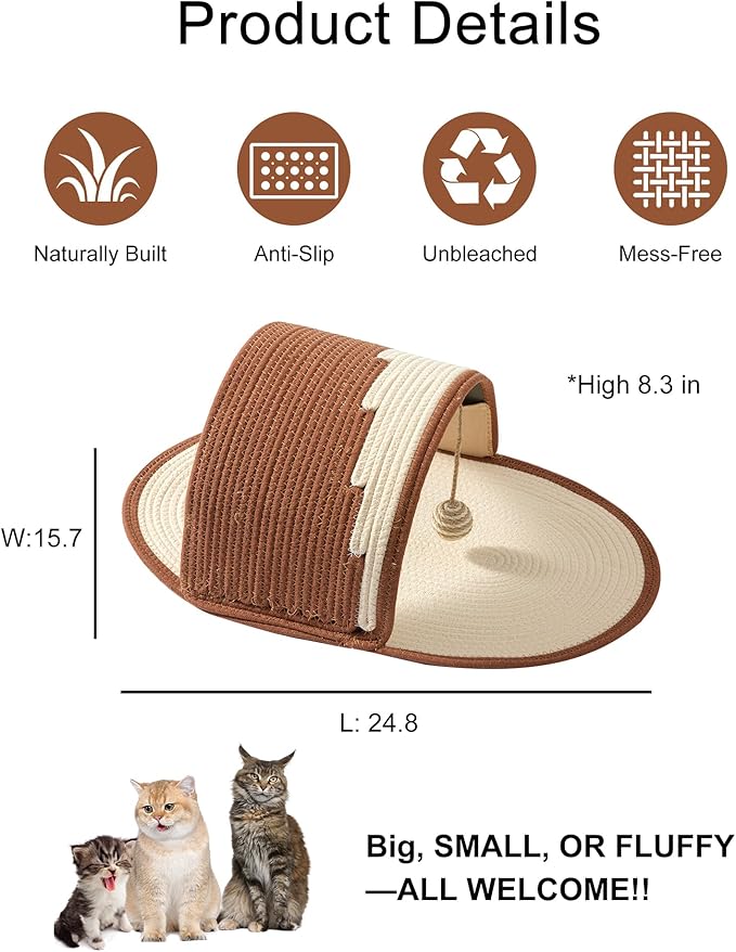 Cat Scratcher for Indoor Cats, 24.8" Slipper-Shaped Scratching Post & Pad with Hanging Ball Toy, Durable Corn Rope, Cute Cat Furniture