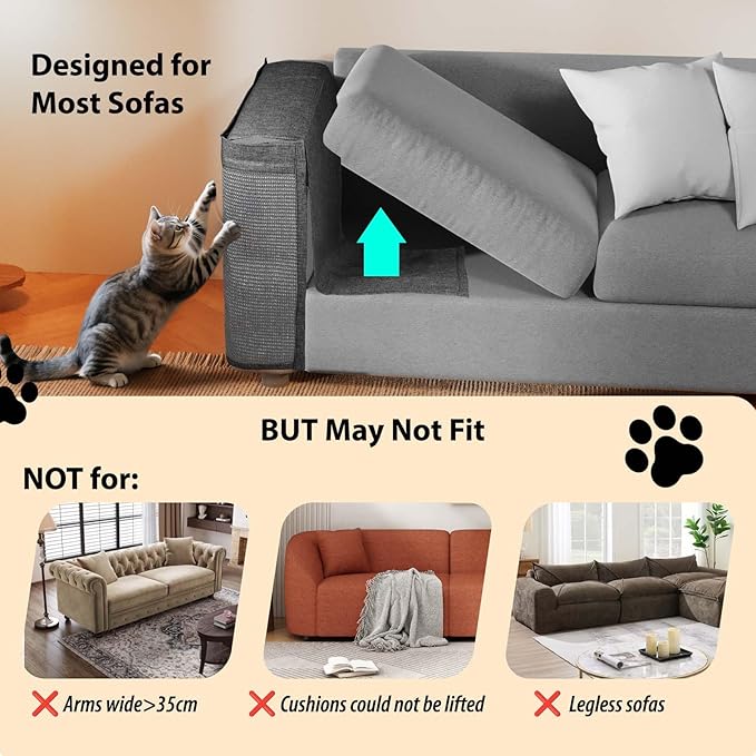 Cat Scratch Protector for Sofa - Larger Couch Protector from Cat Claws Fit for Both Arm Side of Sofa,Couch Corner Scratcher with Expanded Coverage Color-Matched Sisal Pad Universal Fit (Dark Grey)