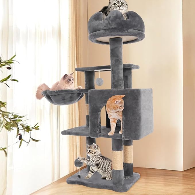 Cat Tree Tower with Metal Frame Hammock, 40'' Cat Trees for Indoor Cats Large Adult, Cat Towers with Scratching Post, Cats Condo Furniture with Cloud Top Perch, Cats Climbing Tower for Kittens(Grey)