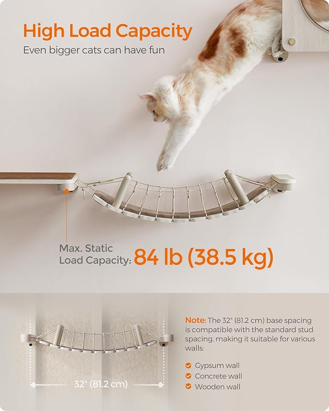 Feandrea Clickat Collection - No.003 Cat Bridge, Extremely Quick Assembly, Unlimited Expandability, Replaceable Module and Fabric Pad, Cat Wall Furniture