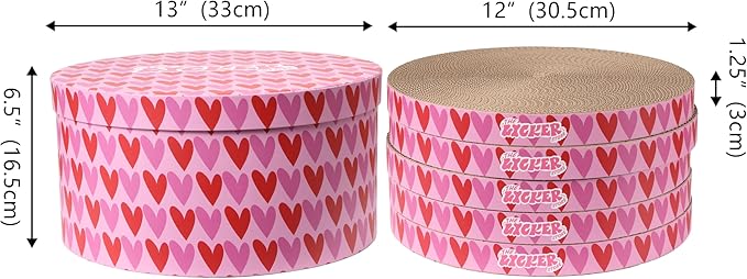 CSR1012E Kate 12 Inch Cardboard Cat Scratcher Pads with Box & Catnip, Reversible Heavy-Duty Scratch Boards for Cats, Furniture Protection, Modern Heart Pattern, Pink/Red, 5-Pack