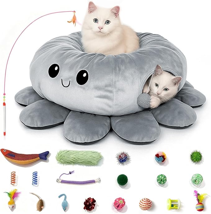 Cat Tunnel Bed for Indoor Cats, Peekaboo Cat Cave Bed with 20 Pcs Cat Toys, Soft Cat Donut Tunnel for Kitten Large Cats, Grey Octopus