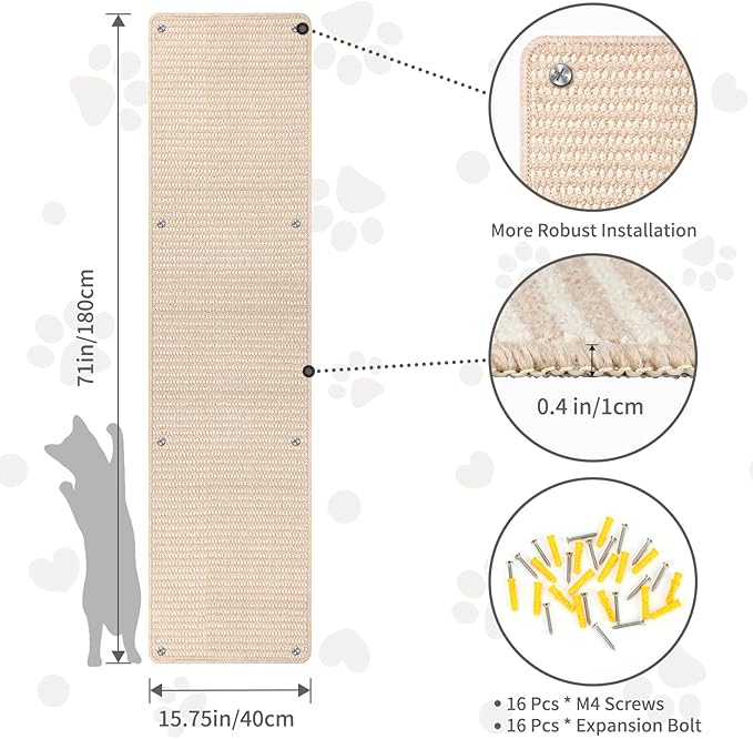 FHTONGE 71x15.8 Thickened Cat Wall Climbing Carpet with 16 Fixed Nails, Extra Large Tall Cat Scratch Pad for Wall, Wall Mounted Climbing Cat Scratcher for Furniture Couch Sofa Protector(Oat Color)