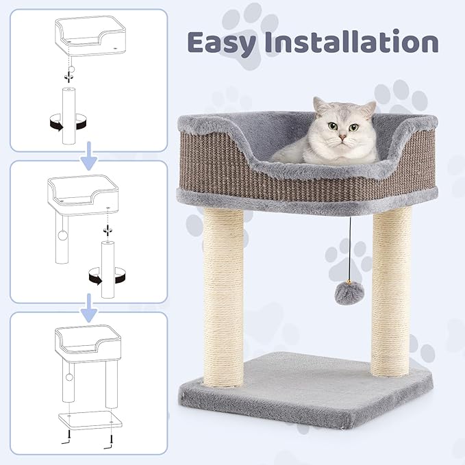 Tangkula Small Cat Tree for Indoor Cats, Modern Carpeted Cat Tower with Soft Plush Perch, Cat Condo Cat Bed with Scratching Posts, Dangling Ball, Cute Cat Activity Tree for Play Rest (Light Gray)