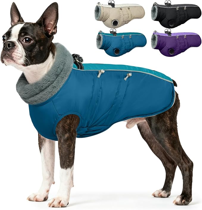 IDOMIK Warm Dog Coat with Harness, Waterproof Reflective Dog Jackets for Small Medium Large Dogs, Fleece High Collar Winter Jacket with Zipper, Pet Winter Snowsuit Clothes for Cold Weather,Blue S