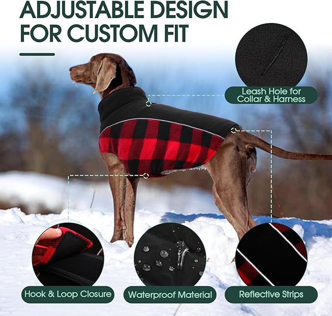 Kuoser Dog Winter Coat, Reversible Waterproof Dog Jacket with Reflective Strip, Warm Dogs Fleece Vest Adjustable Doggy Cold Weather Clothes Plaid Christmas Outfit Pet Apparel for Large Dogs, Red L