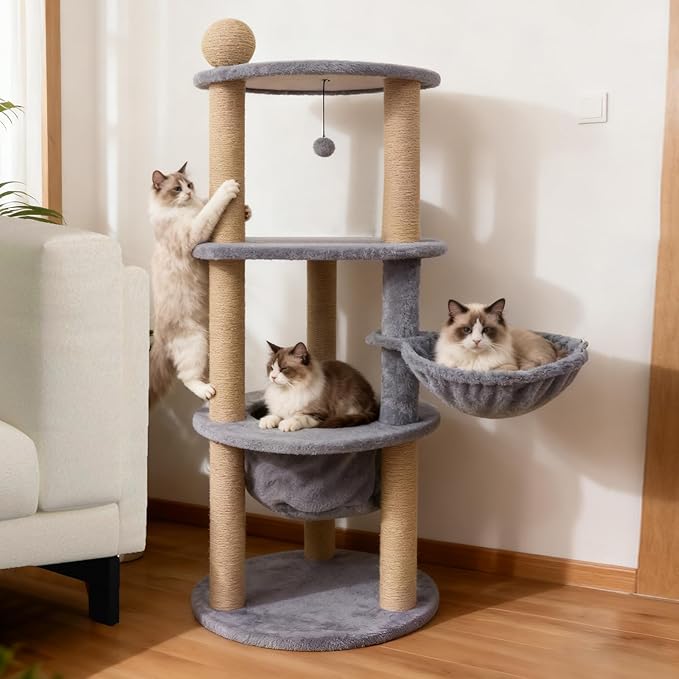PETSITE Multi-Level Cat Tree, 47 Inches Tall with Jute Scratching Posts, Nest, Rotatable Cat Basket, Dangling Ball, and Top Scratching Ball, Ideal for Indoor Cats to Play and Rest