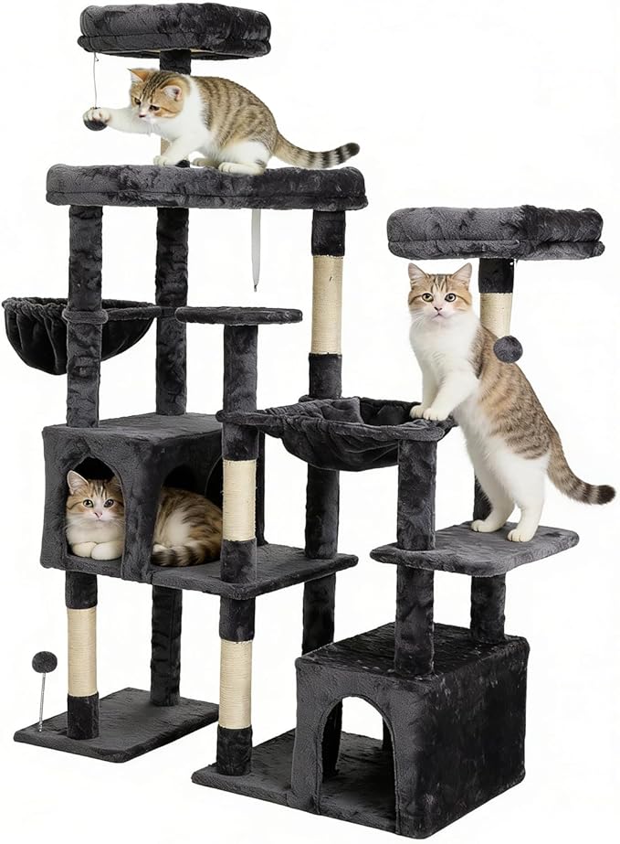 Indoor Cat Tree for Large Cats, 64.5 Inch Multi-Cat Cat Tree, Includes 3 Perches, 2 Cat Beds, 2 Hanging Baskets, Ideal for Multiple Cats to Play (Grey)