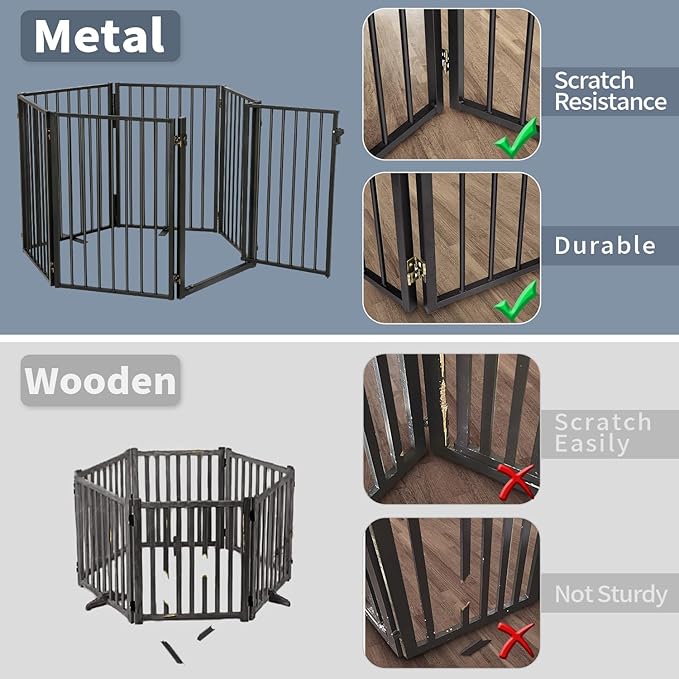Metal Freestanding Dog Gates with Door for Outdoor Indoor,80'' Extra Wide Free Standing Dog Gate for Doorways,Large Openings,Deck,Yard,Porch,Foldable Safety Pet Fence(Black,4 Panels)