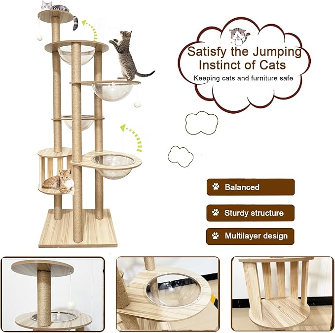 72.1-Inch Cat Tree for Indoor Cats Large Adult, 4 Bowl,12 Sisal Scratching Posts,1 Cat cage,Top Perch, Toy Balls,Larg Large cat Tree,Wood cat Tree,(YN-105)