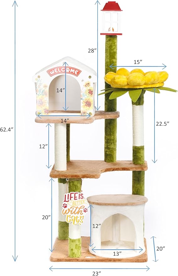 HYABi 62.4 Inch Tall Flower Cat Tree Tower Condo Climbing for Indoor Cats Multi Level with Sisal Scratching Post Hammocks Pet House Play Home Furniture Platform