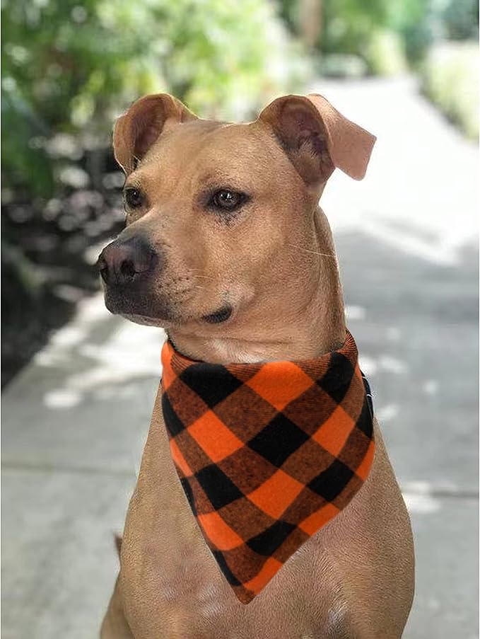 Realeaf Fall Thanksgiving Dog Bandanas 2 Pack, Orange Plaid Pet Scarf for Boy and Girl, Premium Durable Fabric, Holiday Halloween Bandana for Small and Medium Dogs (Small)