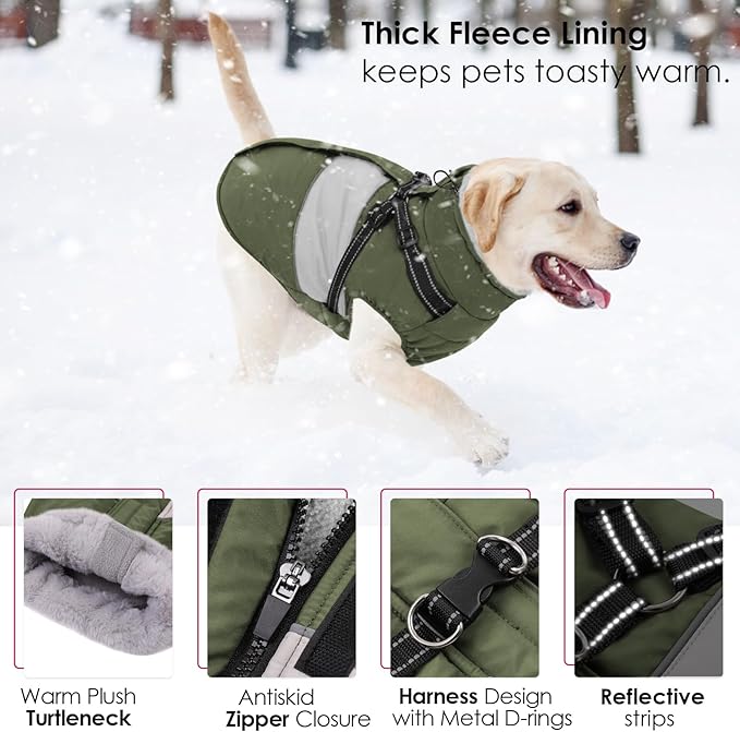 AOFITEE Dog Coat Warm Dog Winter Coat, Waterproof Dogs Jacket with Harness, Dogs Snow Jacket Snowsuit with Zipper & Furry Collar, Reflective Windproof Pet Sweater for Cold Weather, French Bulldog, L