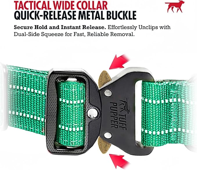 Tuff Pupper Tactical Dog Collar with Handle | Heavy Duty Adjustable Dog Collar | Military Nylon Collar for Medium Dogs | Quick-Release Buckle | Soft Padded Comfort | Training Control (Green, Medium)