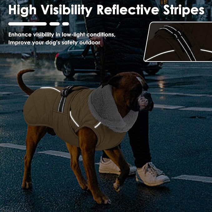 Dog Coat, Waterproof Dog Winter Jacket with Adjustable Buckle, Reflective Turtleneck Pet Snow Vest Warm Fleece Sweater for Small Medium Large Dogs - Khaki, S