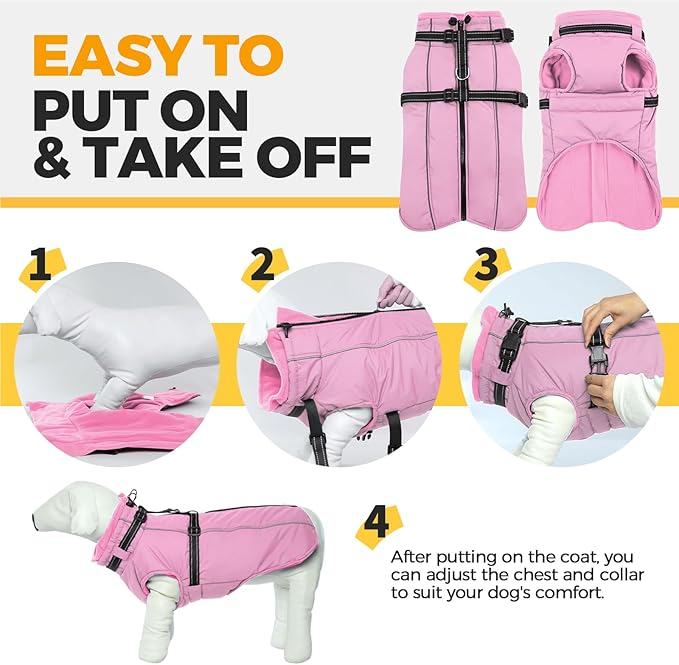 Lelepet Dog Coat for Large Dogs Waterproof Dog Jacket with Harness Built in Reflective Fleece Jacket with Zip Windproof Cold Weather Coats for Dogs Cozy Thermal Pet Snowsuit, Weimaraner, Pink, XXL