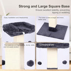 34" Cat Scratching Post for Indoor Cats, Sisal Cat Scratcher with Large Plush Perch, Vertical Posts with Elevated Bed and with Two Dangling Balls, Removable & Washable Cover, Dark Grey