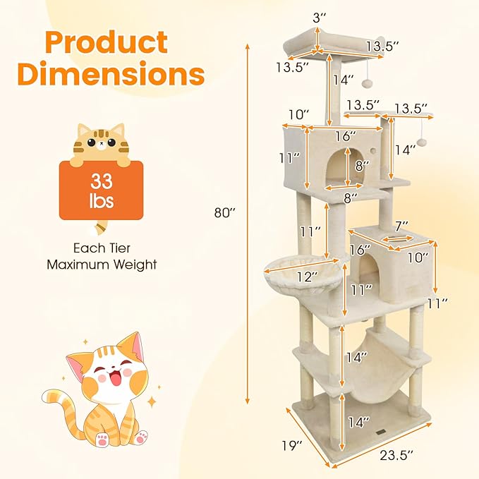 PETSITE 80-inch Tall Modern Cat Tree, Multi-Level Cat Tower with 2 Comfy Condos, Sisal Scratching Posts, Side Basket, Snug Hammock, and Dangling Balls, Ideal for Indoor Cats and Kittens (Beige)