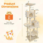 PETSITE 80-inch Tall Modern Cat Tree, Multi-Level Cat Tower with 2 Comfy Condos, Sisal Scratching Posts, Side Basket, Snug Hammock, and Dangling Balls, Ideal for Indoor Cats and Kittens (Beige)