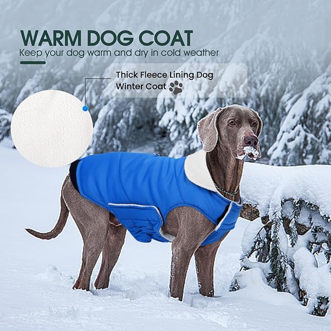 Kuoser Dog Coat Large, Cold Weather Reflective Waterproof Dogs Jacket with Warm Fleece Lining, Turtleneck Dog Winter Coat with Zipper, Doggy Snow Jacket Pet Coats for Small Medium Large Dogs, Blue L